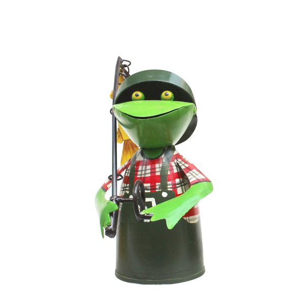 Zaunhocker Frosch Angler, Metallfrosch mit Angel und Fisch, grüne Schürze, 25cm