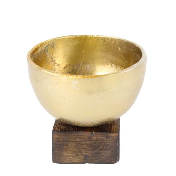 Deko Schale auf Holzsockel, gold, 17cm, Metall/Holz