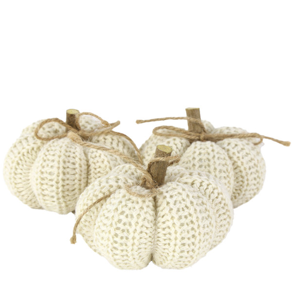 Deko Kürbis gestrickt, Strickkürbis mit Holzstil creme, 9 St/Netz