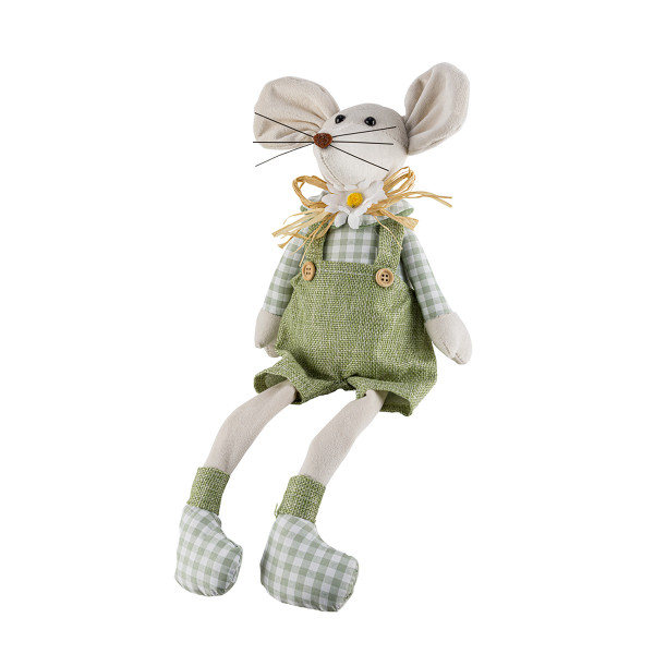 Deko Kantenhocker Maus mit Latzhose, Stoffmaus grün kariert, 41cm