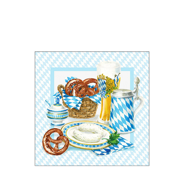 Ambiente Papierservietten Weißwurstfrühstück, Breze, Weißwurst, Bierkrug, 25x25cm