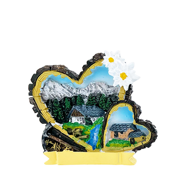 Magnet Doppelherz, Herzen mit Berghütten und Edelweiß, 6x7cm
