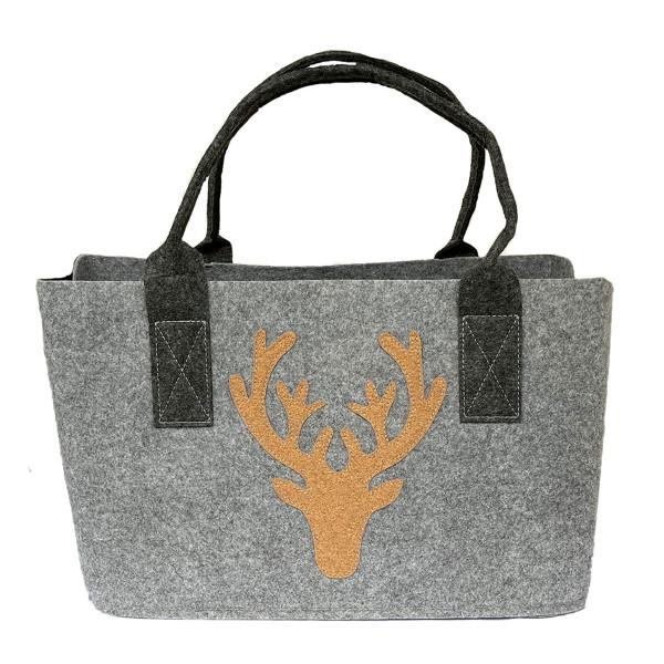 Filztasche Hirsch mit Henkel helles grau, Shopper mit Hirschapplikation aus Kork, Gilde