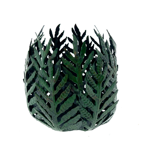 Teelichthalter Leaves dunkelgrün, Metallwindlicht filigrane Blätter, 9x8cm
