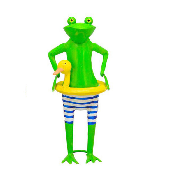 Deko Frosch Schwimmer, Metallfrosch mit Schwimmreifen und blau-weißer Badehose, 44cm