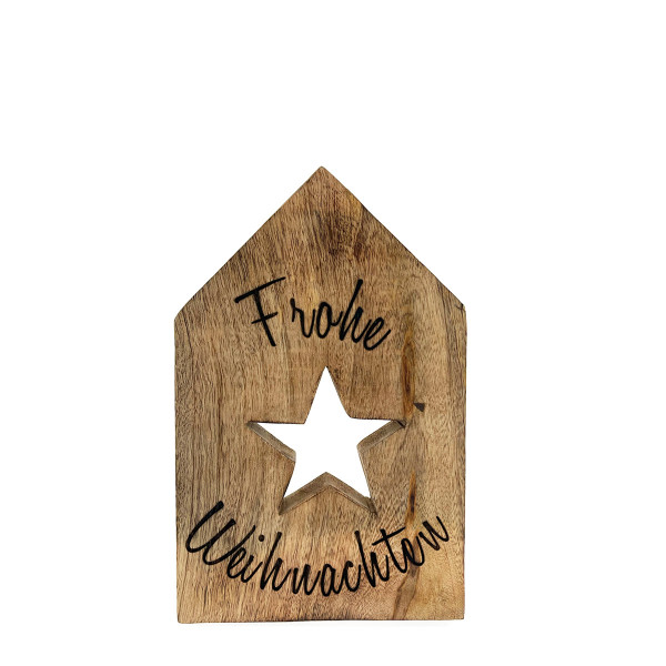 Deko Holzhaus Frohe Weihnachten, Haus mit Stern, 19x12cm, Mangoholz