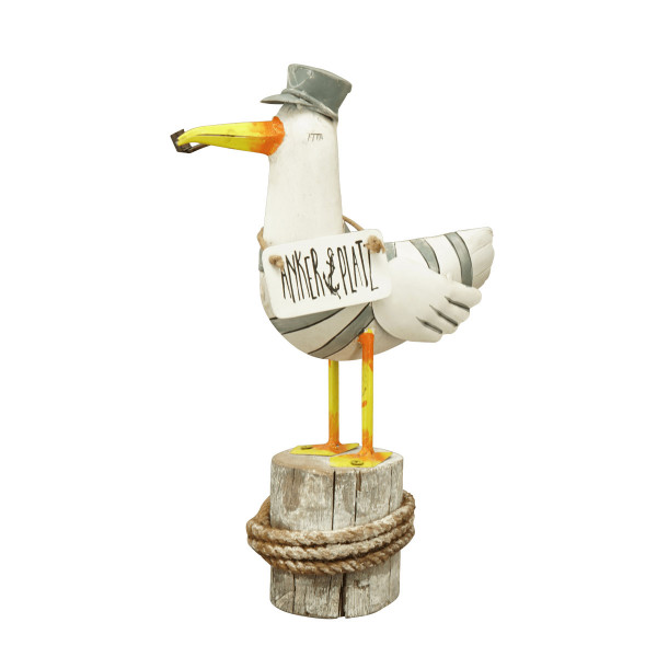 Deko Möwe mit Schild Ankerplatz, Metallmöwe mit Pfeife und Matrosenkappe, 36cm