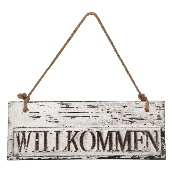 Holz Schild, Willkommen, weiß, used look, 38cm
