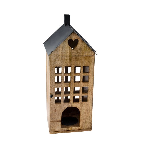 Deko Laterne Haus, Holzlaterne mit vielen Fenstern, schwarzes Metalldach, 55cm