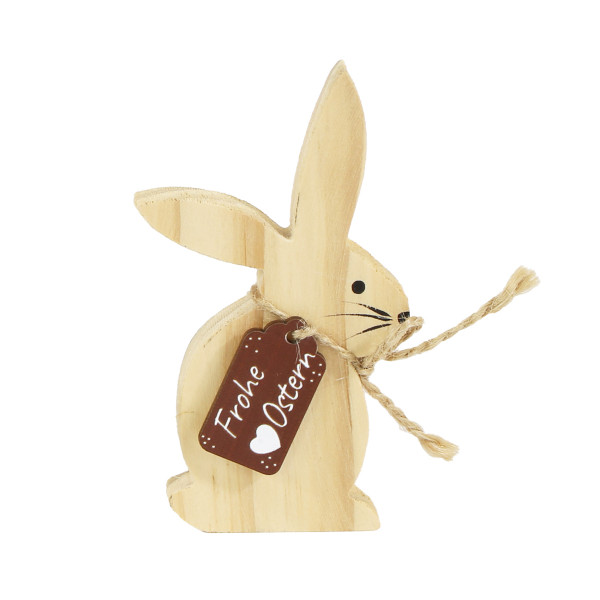 Deko Holzhase Frohe Ostern, kleiner Osterhase aus Holz mit Schild, 10x6cm