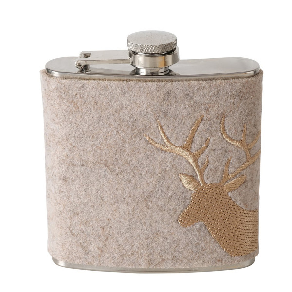 Trinkflasche Hirsch Vilbert, Flaschmann aus Filz mit Hirschkopf seitlich, 11x9cm, Boltze Home Collec