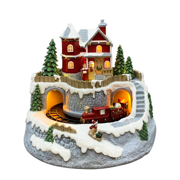 LED Winterlandschaft Noel, Haus und fahrende Eisenbahn, mit Musik und Licht, 20x20x17cm