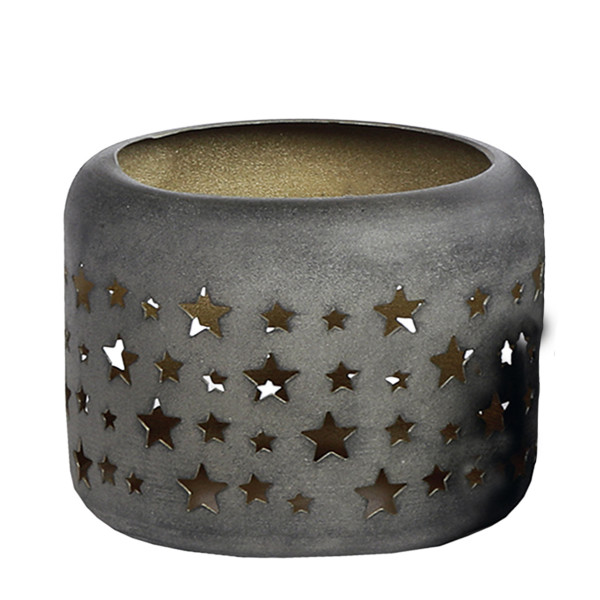 Deko Windlicht Weihnachtssterne Antik grau-gold, Metallwindlicht durchscheinend, 13cm, WMG Grünberge