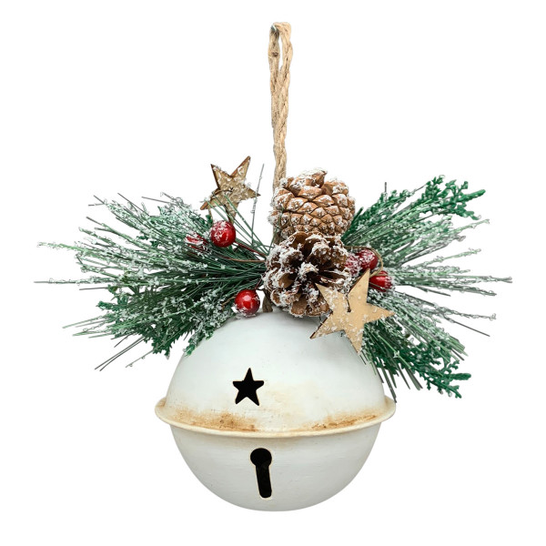 Deko Weihnachtsglocke cremeweiß used look, Metallschelle mit Gesteck, 12cm, Hänger
