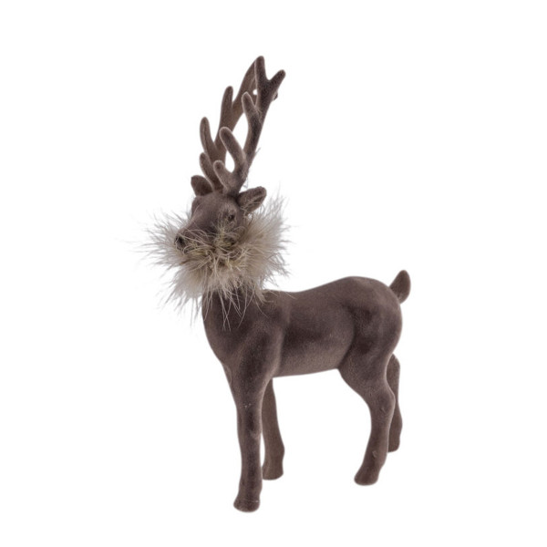 Deko Hirsch mit Federboa, großer grauer Hirsch, samtig beflockt, 45cm