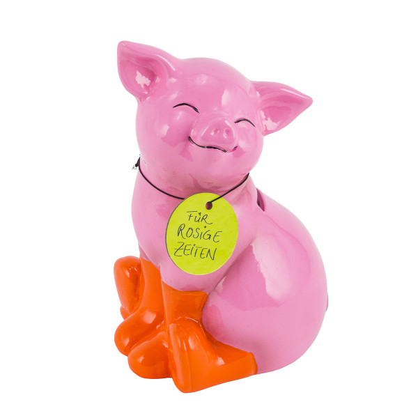 Sparschwein mit orangen Stiefel, grinsendes rosa Keramikschweinchen, 11x17cm