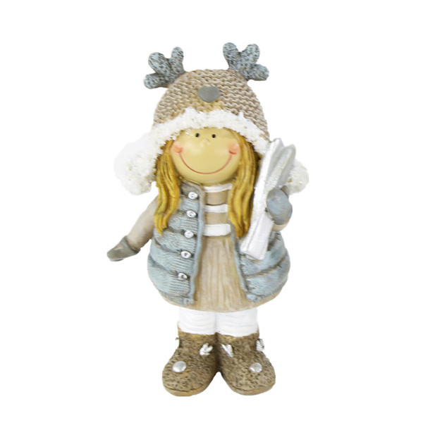 Deko Winterkind Mädchen mit Ski, Skifahrerin mit Mütze, 14cm