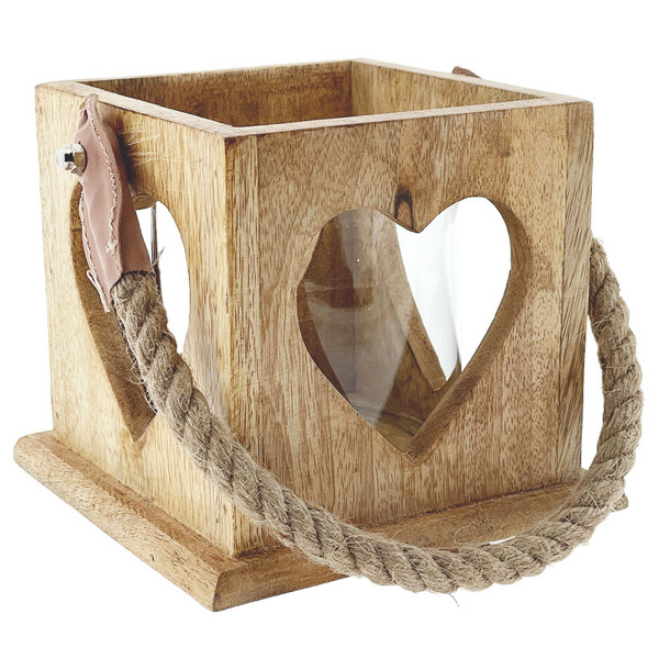 Windlicht Herz Natur, Holzlaterne mit Jutegriff, 13x12cm, Mangoholz