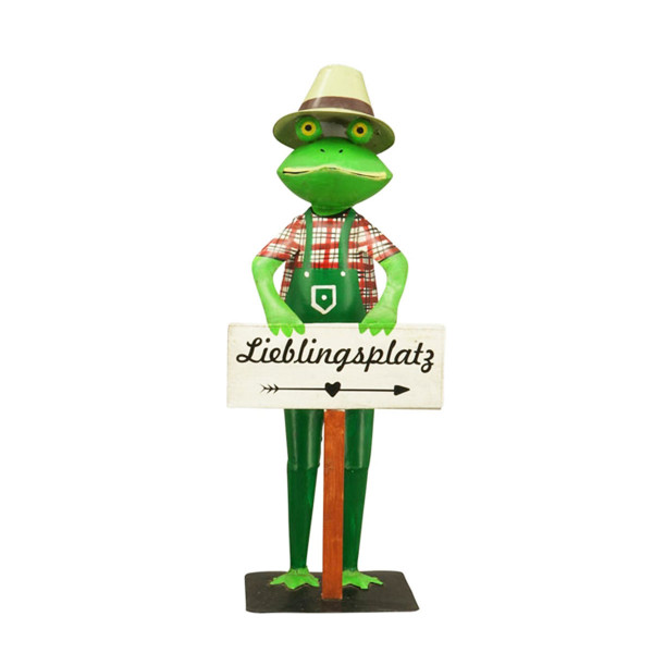Deko Frosch, Metallfrosch Gärtner mit Schild: Lieblingsplatz, 52cm, Metall