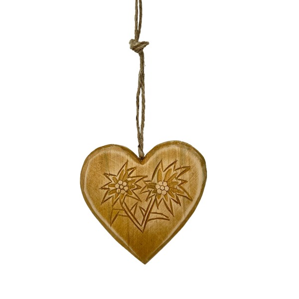 Holz Herz, mit Edelweiß, natur, 11cm, Hänger