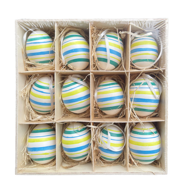 Ostereier, Natur Eier geringelt, Hühnereier grün-blau, Ostereier, 12St/Box