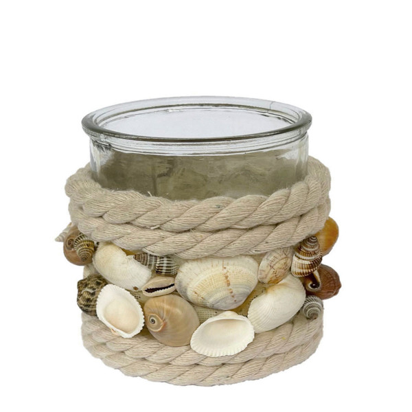 Glas Windlicht Strand, Kerzenhalter mit Muscheln und Juteseil, Ø12x12cm