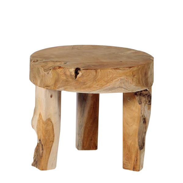 Beistelltisch Erosi Teak, unregelmäßiger rustikaler Teakholztisch auf 3 Beinen, WMG Grünberger