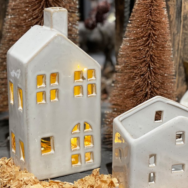 Windlicht Haus, Kerzenhalter Häuschen, 20cm, cremeweiß, Keramik