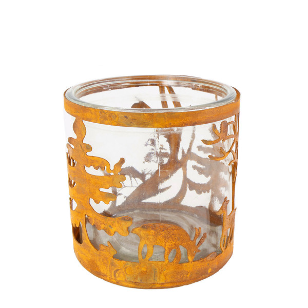 Windlicht Hirsche, Rostwindlicht Tiere im Wald, 10x10cm, Edelrost
