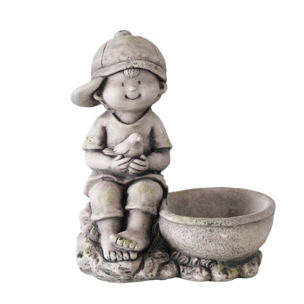 Vogeltränke Linja, Vogelbad Junge mit Vogel, Magnesia, 35cm, Boltze Home Collections
