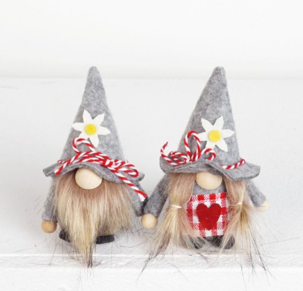 Wichtel &quot;Ben &amp; Emma&quot;, 10cm, graue Filzmütze, Set/2