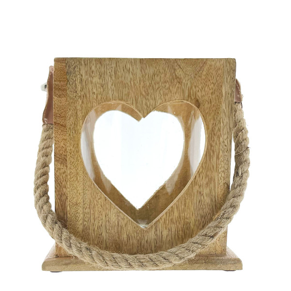 Windlicht Herz Natur, Holzlaterne mit Jutegriff, 17x15cm, Mangoholz