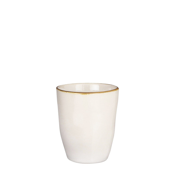 Keramik Becher, Tabo, handgefertigt, weiß, Rand braun, 10x7cm, Mica