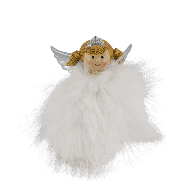 Deko Weihnachtsengel, putziges Engel-Mädchen mit Plüschkleid, Krone und Zöpfchen, 14cm