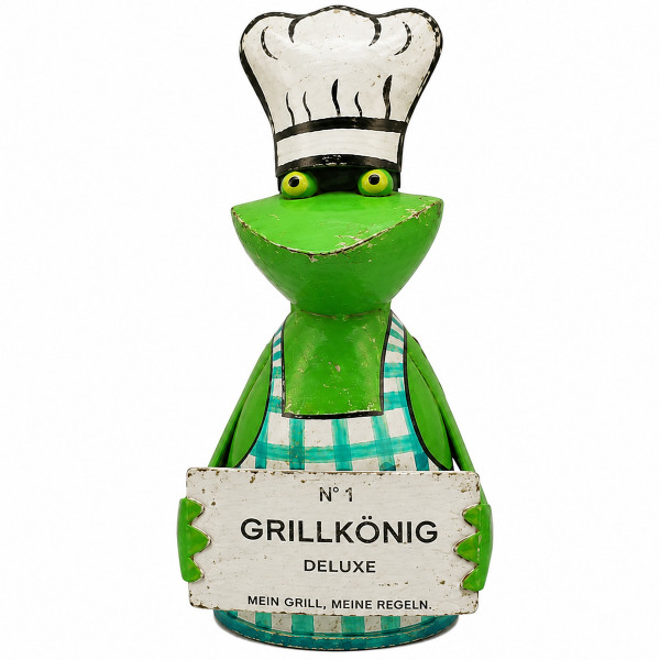 Zaunhocker Frosch Grillmeister, Metallfrosch mit Kochmütze und Schild: Grillkönig Deluxe...