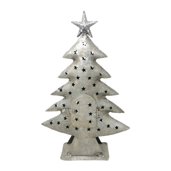Deko Windlicht Tannenbaum mit Stern und Türchen, antik silber, 50cm, Metall