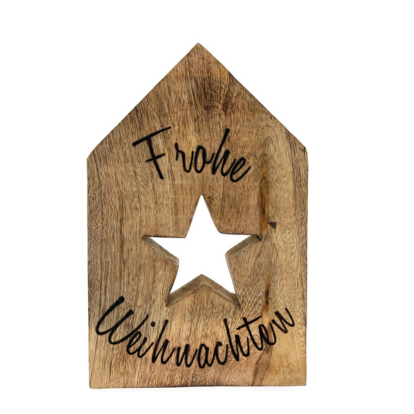 Deko Holzhaus Frohe Weihnachten, Haus mit Stern, 25x15cm, Mangoholz