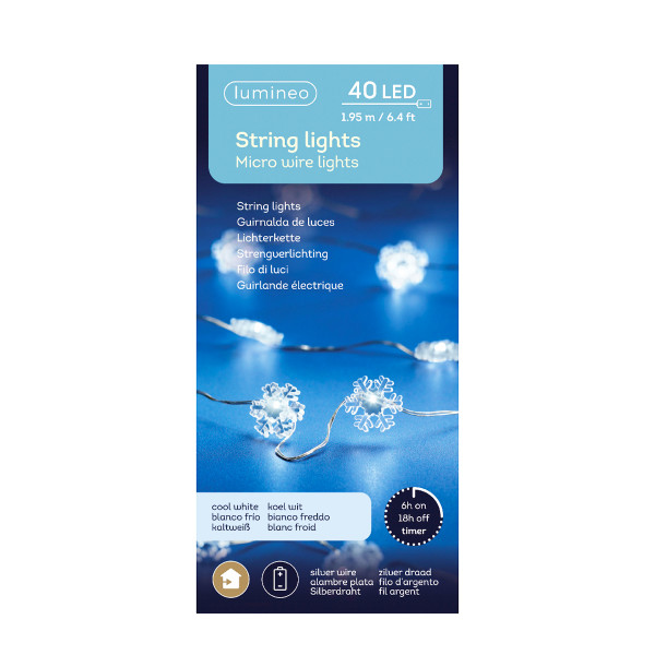 Micro LED Strangbeleuchtung Flocken, kaltes weiß, 40St, 195cm, Batteriebetrieb, Lumineo