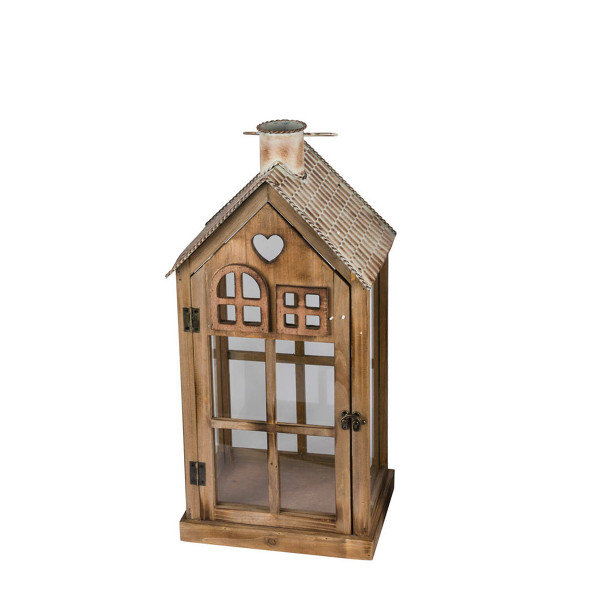 Windlicht Haus, Holzhaus mit Herz und Metalldach, braun, 20x42cm