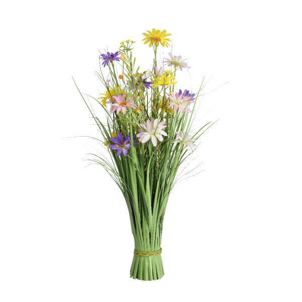 Kunstpflanze Grasbusch mit Sommerblumen gelb-rosa, Stehgras mit Blüten, 70cm