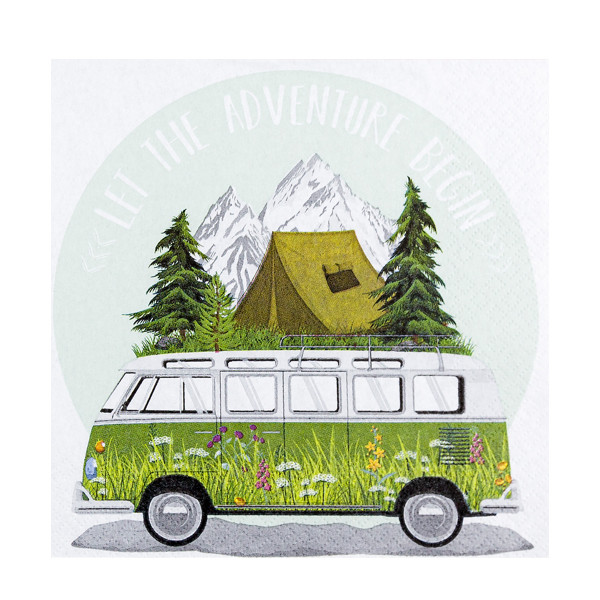 Home Fashion Papierservietten Camping, mit Bus und Zelt ins Gebirge, 33x33cm