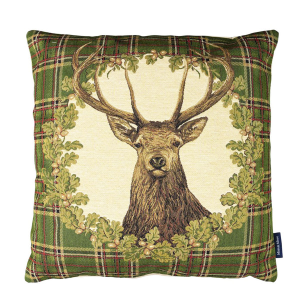 Gobelin Kissen Hirsch, Hirsch Tartan im Kranz, grün kariert, 45x45cm, Mars &amp; More