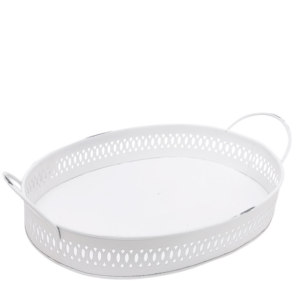 Deko Tablett weiß durchbrochen, Metalltablett mit Henkel - used look, 38x24x8cm