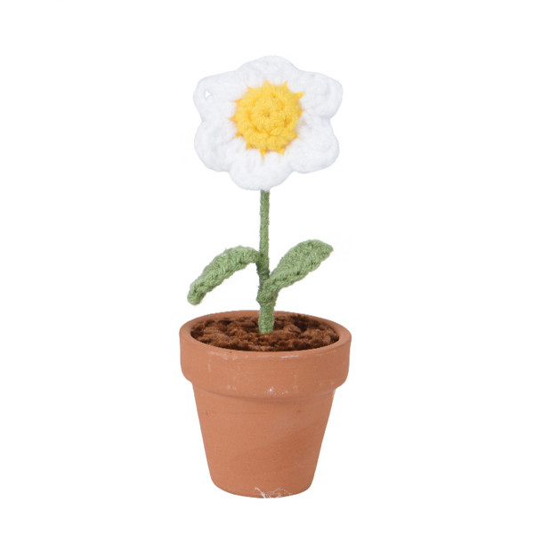 Deko Blume gehäckelt, Wollblume im Keramiktopf, weiß-gelb, 14cm
