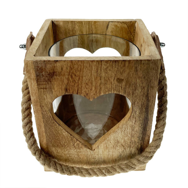 Windlicht Herz mit Jutekordel Holz 18cm