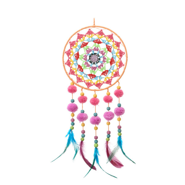 Traumfänger Boho bunt, Dreamcatcher mit Pompons pink und rosa, Ø20cm