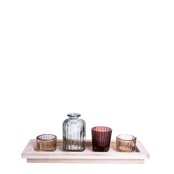 Glas Teelichthalter und Blumenvase auf Tablett rose 32,5x12,5cm Set/4, Sandra Rich