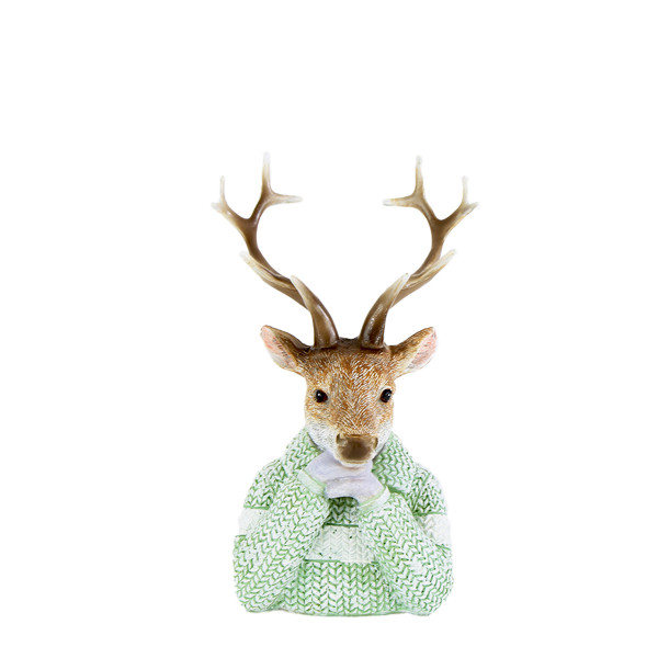 Deko Hirsch, Winterhirsch mit Pullover, Hirschbüste, mintgrün, 14cm, Polyresin