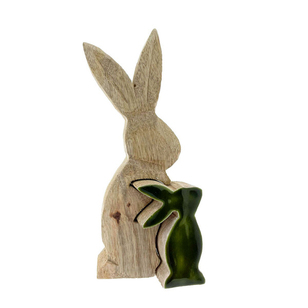 Deko Hase im Hasen, Osterhase Natur und Babyhase mit Lacküberzug grün glänzend, 17cm, Hänger