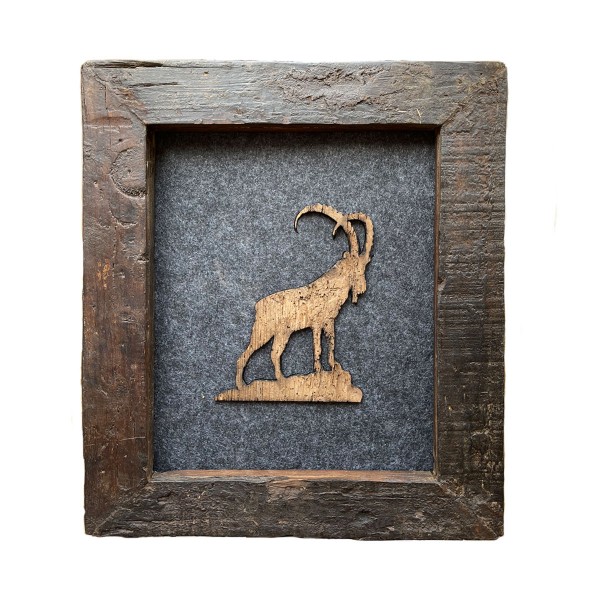 Altholz Filzbild "Steinbock" 41cm, im dunklen Altholzrahmen